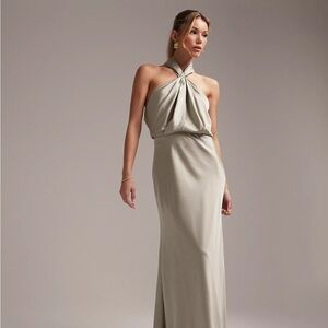 ASOS DESIGN Bridesmaid satin ruched halter neck maxi dress in sage green